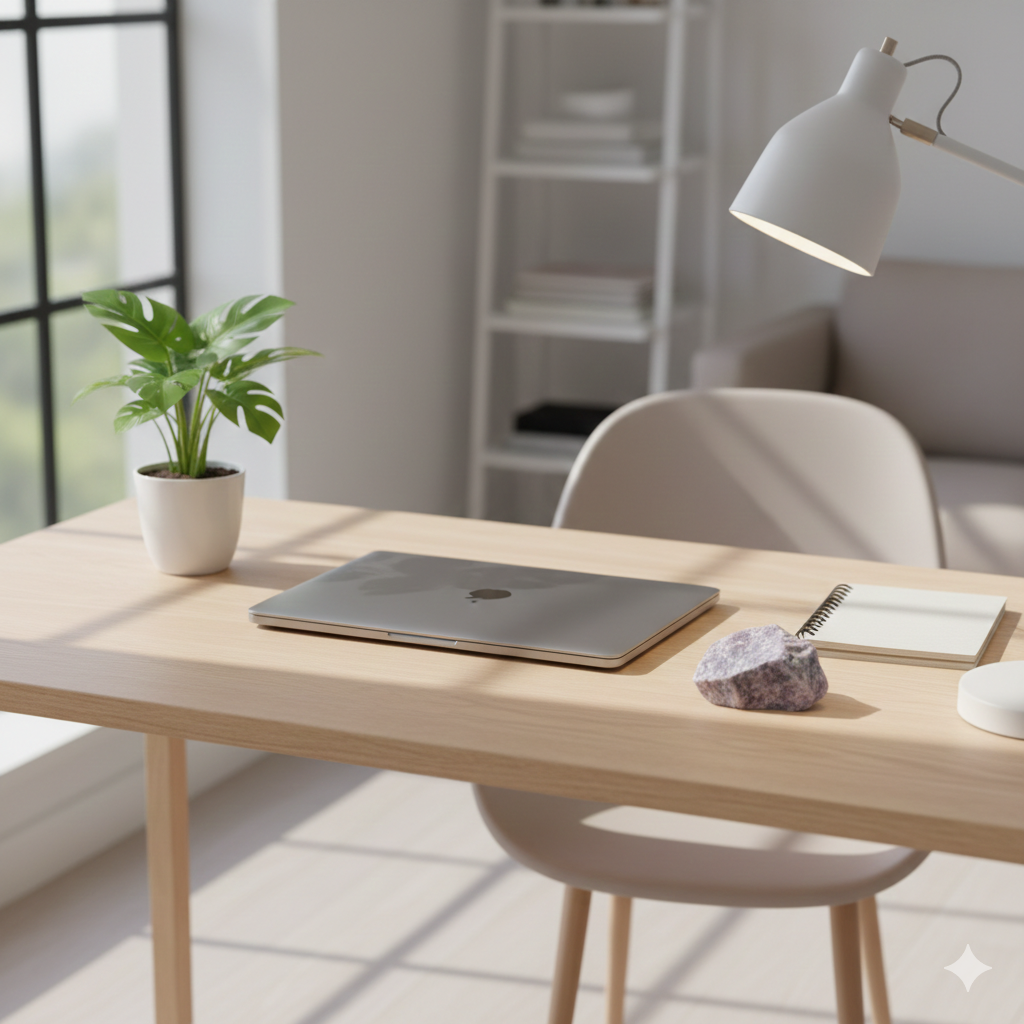 Mesa de trabalho organizada com cristal de lepidolita ao lado, simbolizando uso consciente de cristais para ansiedade no dia a dia profissional.