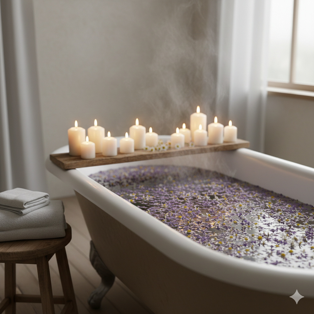 Banheira com pétalas de ervas e velas acesas, criando ambiente relaxante para reduzir ansiedade