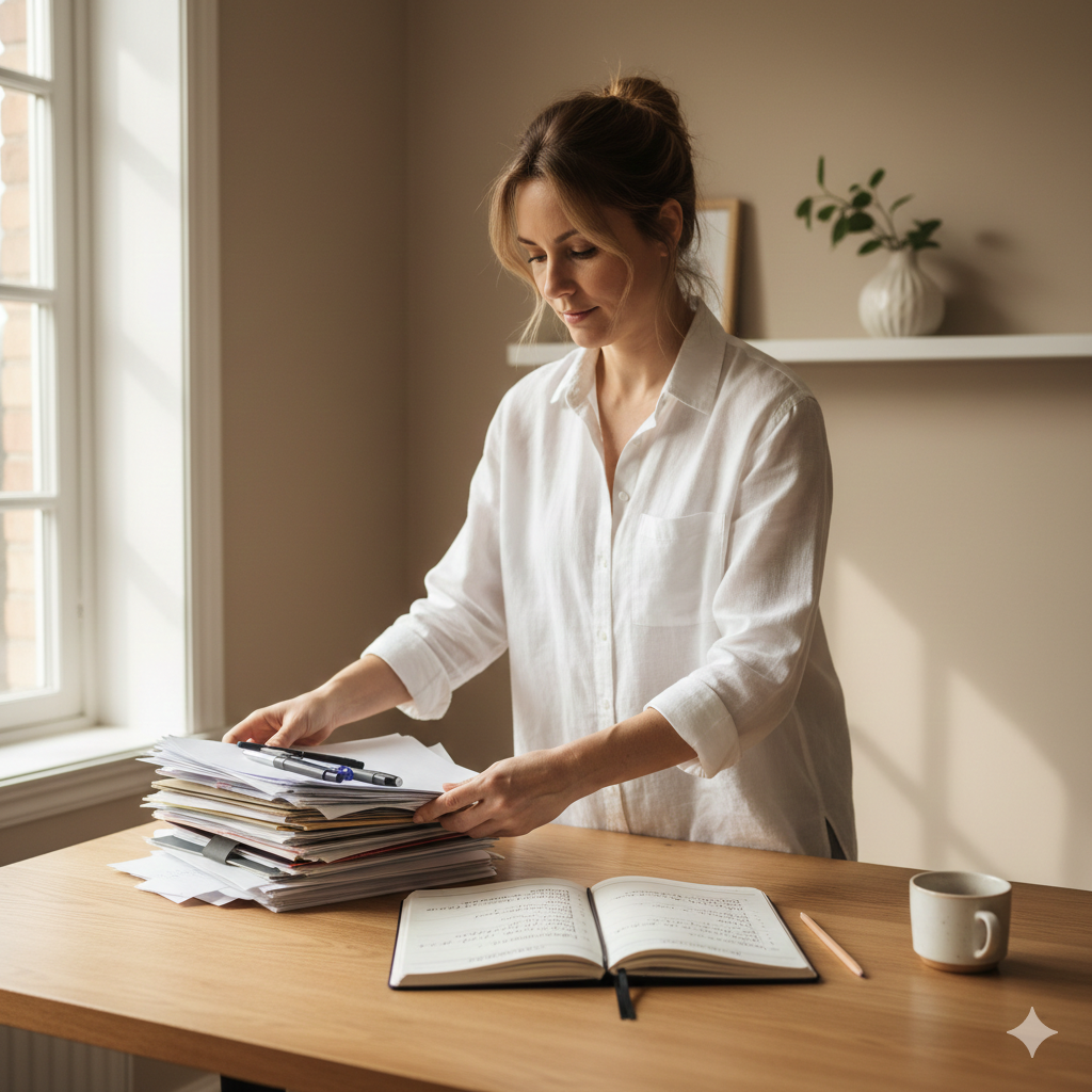 Mulher organizando mesa de trabalho com metas escritas, simbolizando prática responsável da Lei da Atração Dentro de Casa
