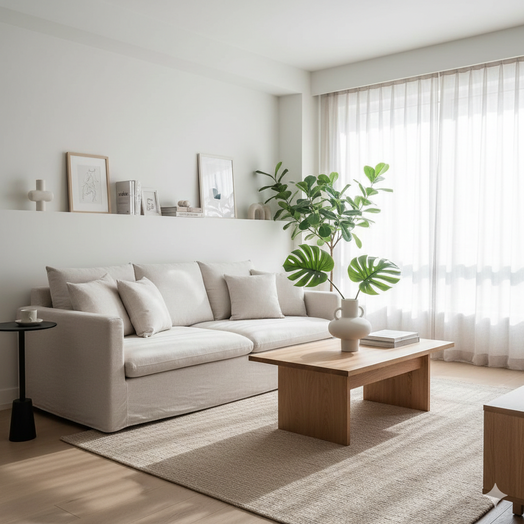 Sala de estar organizada e iluminada representando a aplicação consciente da Lei da Atração Dentro de Casa no ambiente doméstico.