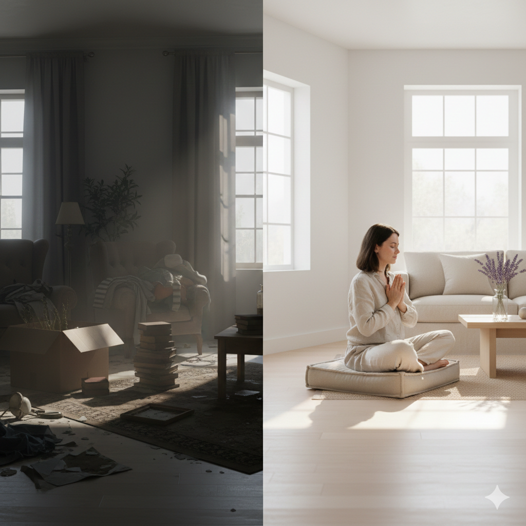 Objetos Que Acumulam Energia Negativa na Casa Comparação de cômodo antes e depois da limpeza de objetos que acumulam energia negativa, demonstrando efeito visual e energético.