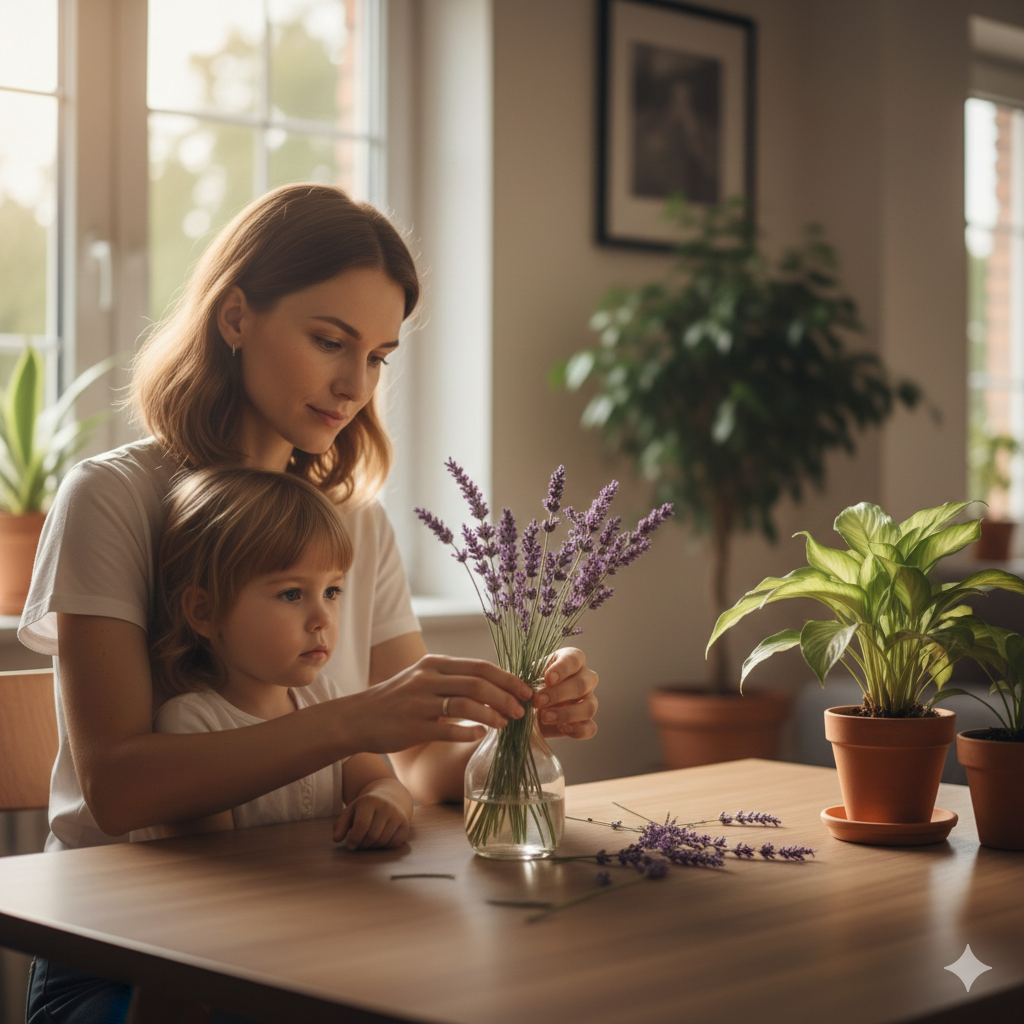 uma mãe colocando delicadamente flores de lavanda em um pequeno vaso enquanto uma criança observa calmamente ao seu lado.