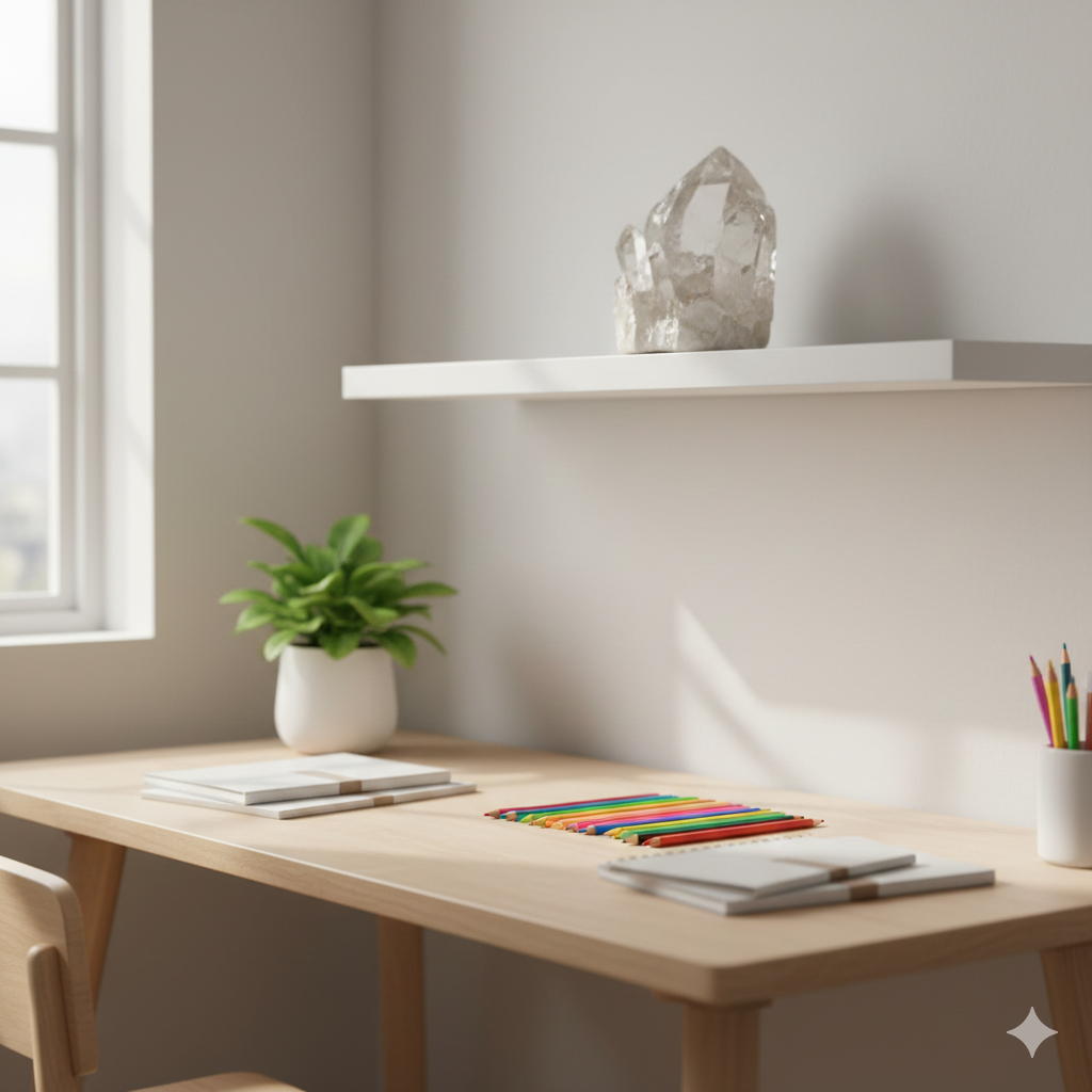 Mesa de estudos infantil organizada com cristal decorativo em prateleira, representando uso consciente no ambiente.