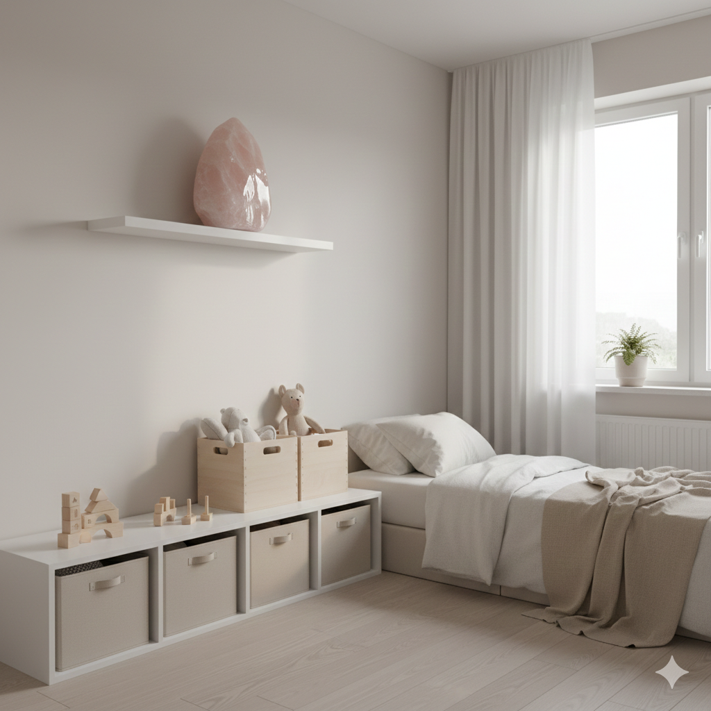 Quartzo rosa decorativo em prateleira alta de quarto infantil organizado, representando uso consciente de cristais para crianças.