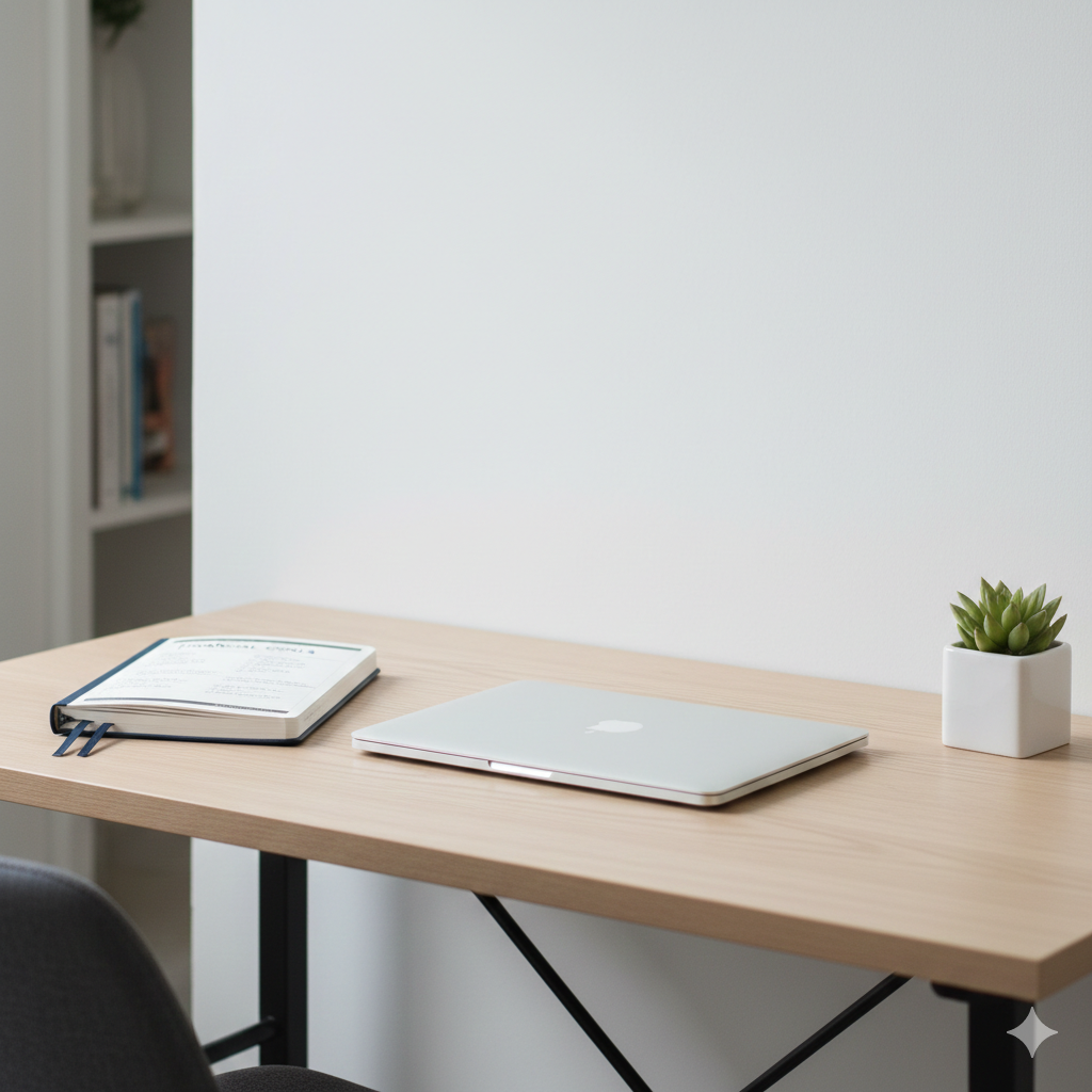 Planner financeiro aberto em mesa organizada representando planejamento e estabilidade financeira doméstica.