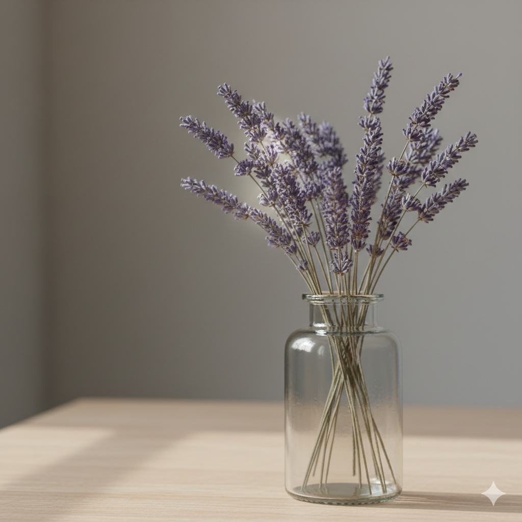 Ramo de lavanda seca em vaso de vidro sobre mesa de madeira clara.