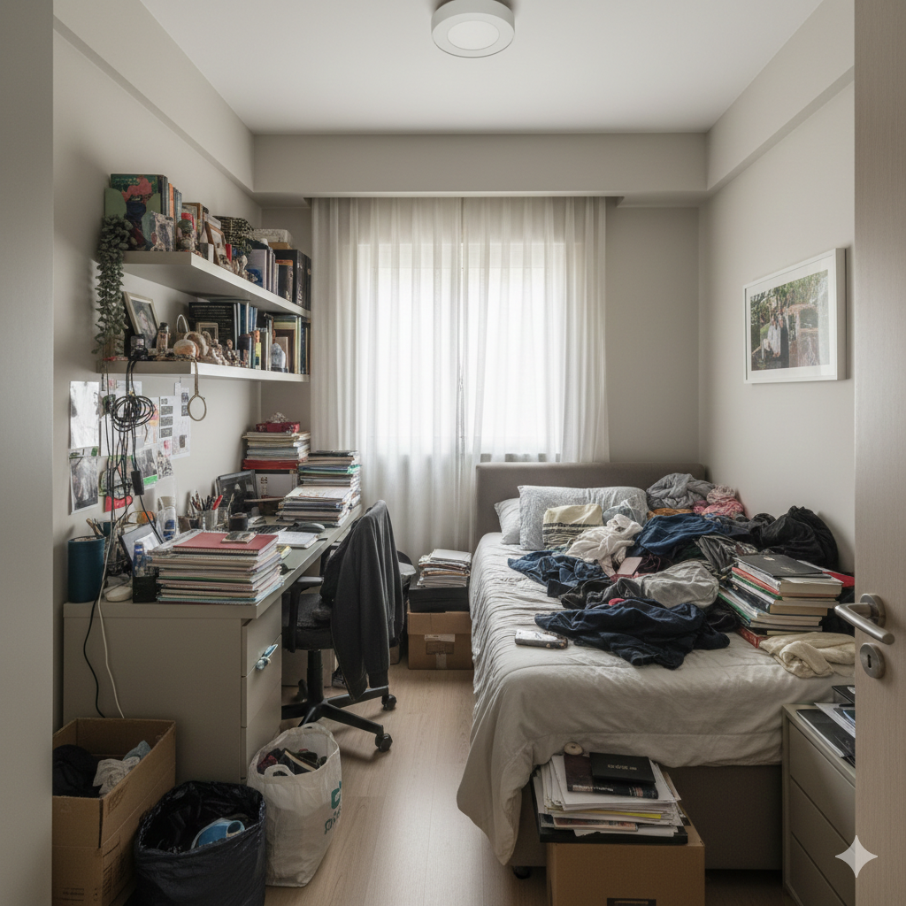 Quarto com excesso de objetos e desordem ilustrando como o ambiente influencia a saúde mental.