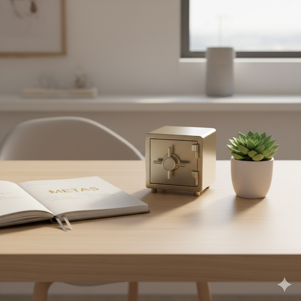 Planner financeiro aberto em mesa organizada representando planejamento e estabilidade financeira doméstica.