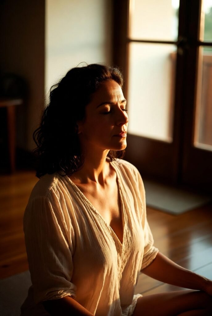 mulher brasileira sentada em posição de meditação no tapete de yoga com olhos fechados e expressão serena praticando respiração consciente representando a técnica de respiração 4-7-8 para interromper o loop do pensamento excessivo