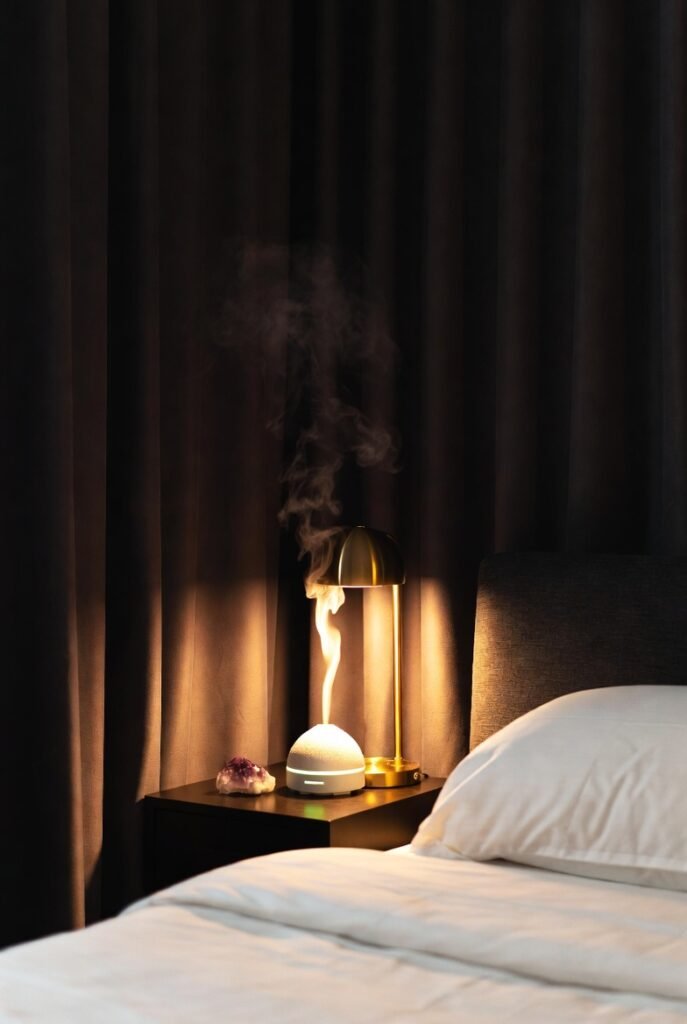 quarto minimalista à noite com cortinas blackout fechadas abajur com luz dourada suave cristal ametista difusor de lavanda e cama arrumada com linho branco representando o ambiente ideal do quarto para dormir rápido com temperatura escuridão e aroma certos