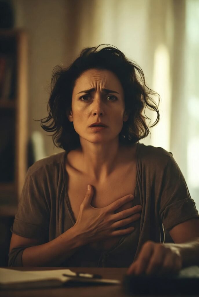 mulher brasileira sentada à mesa com ombros tensos mão no peito e expressão de sobrecarga interna representando os sintomas físicos da ansiedade como coração acelerado respiração curta e tensão muscular que acontecem quando o sistema nervoso entra em modo de alerta