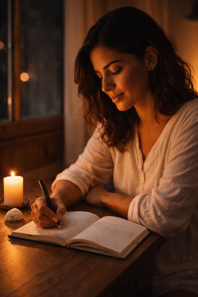 mulher escrevendo no caderno à luz de vela o que quer deixar para trás no ritual de lua nova para renovação energética