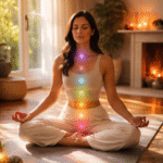 Mulher meditando em casa em ambiente tranquilo, representando o equilíbrio energético e os chakras alinhados.