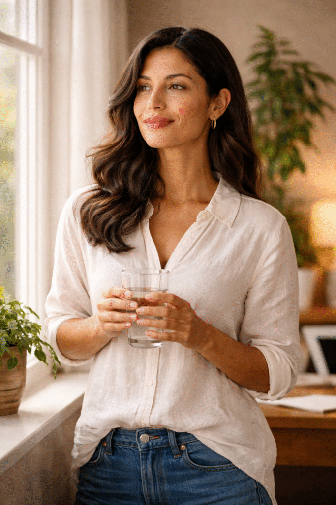mulher fazendo pausa estratégica no trabalho olhando pela janela segurando copo d'água com expressão relaxada e renovada