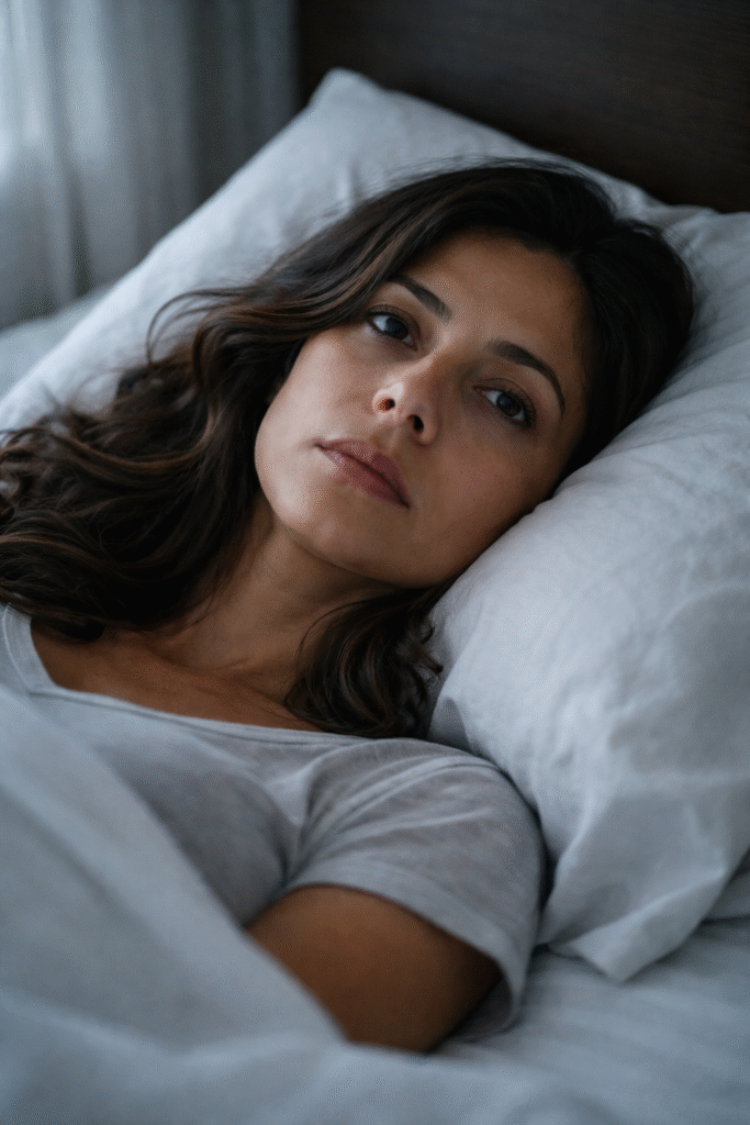 mulher deitada na cama de olhos abertos olhando para o teto com expressão vazia e exausta representando esgotamento emocional da síndrome de burnout