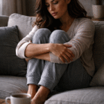 mulher sentada no sofá abraçando os próprios joelhos com expressão triste e desconectada representando sinais emocionais da síndrome de burnout