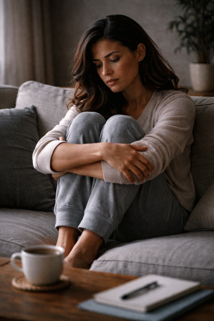 mulher sentada no sofá abraçando os próprios joelhos com expressão triste e desconectada representando sinais emocionais da síndrome de burnout