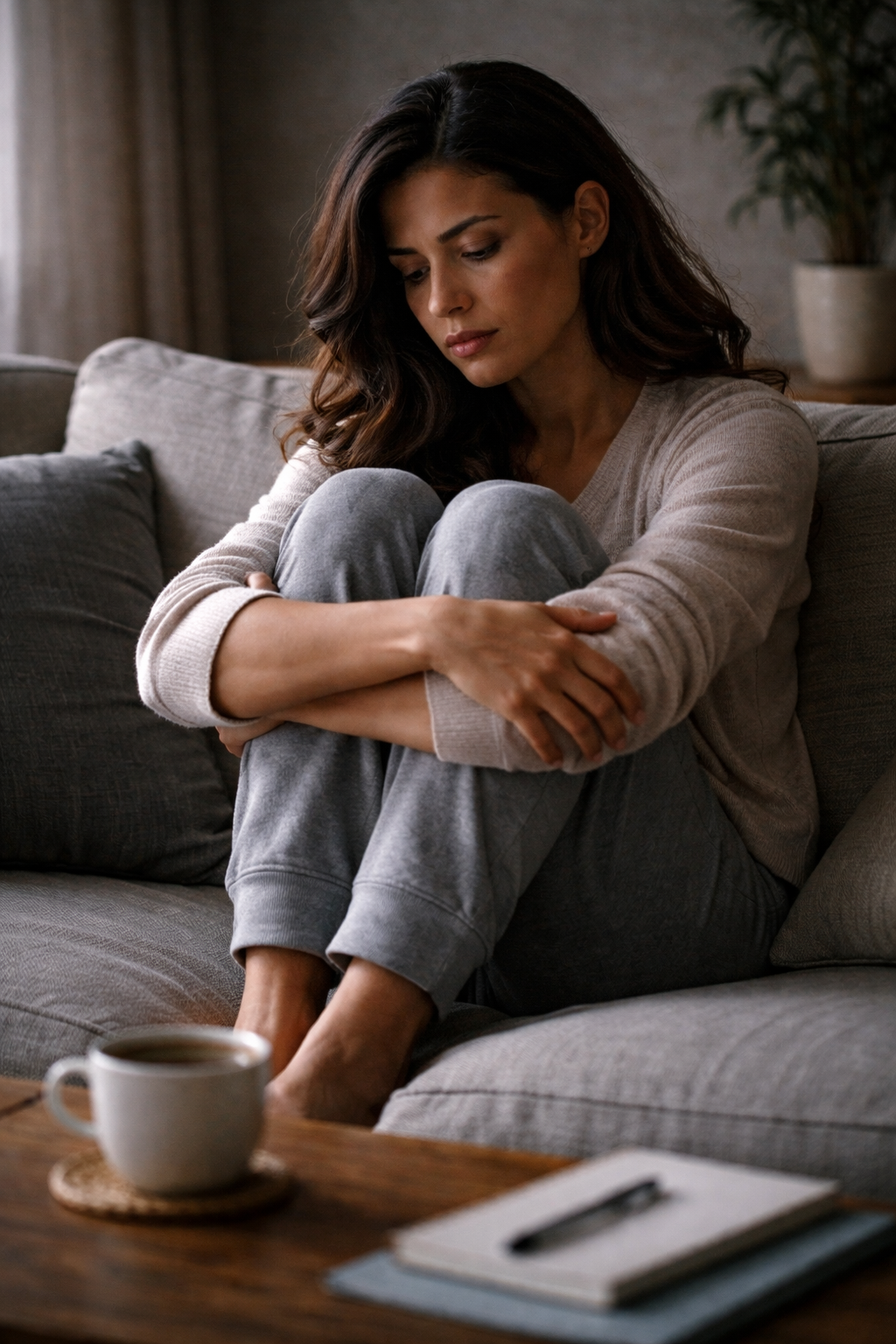 mulher sentada no sofá abraçando os próprios joelhos com expressão triste e desconectada representando sinais emocionais da síndrome de burnout