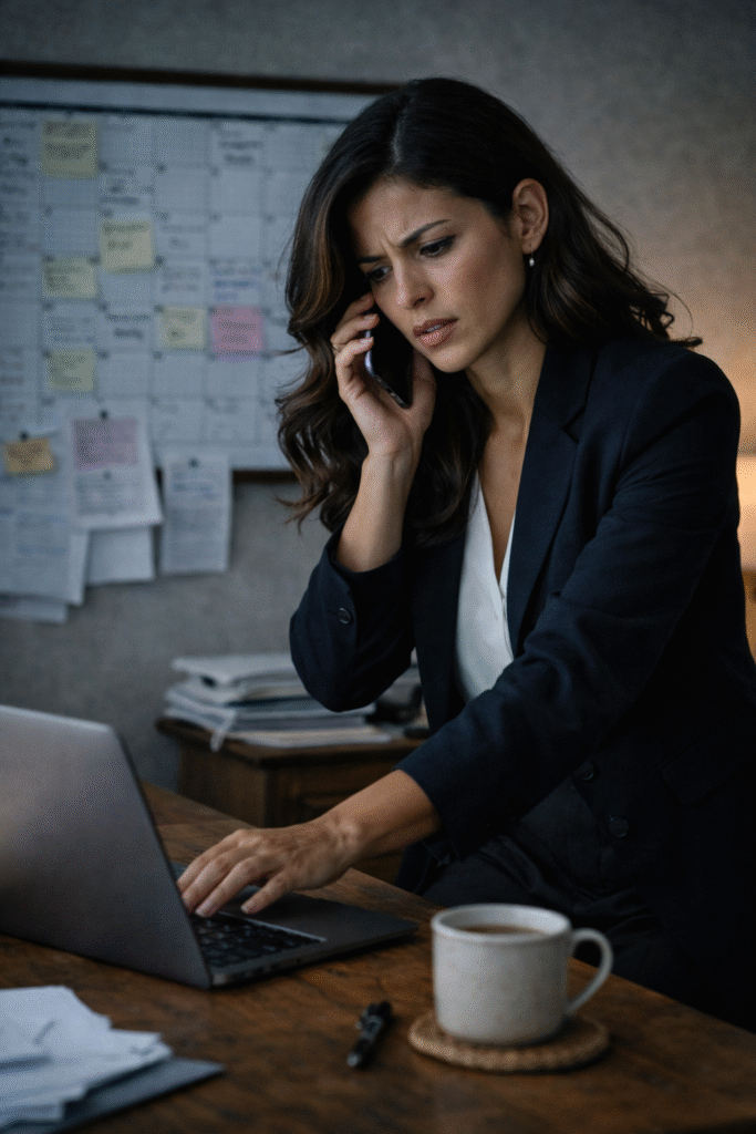mulher falando ao telefone enquanto digita no laptop ao mesmo tempo com expressão estressada representando os primeiros estágios da síndrome de burnout