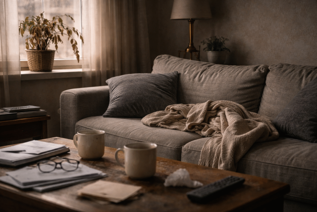sala de estar com planta murcha cortinas fechadas e ambiente descuidado e pesado refletindo o esgotamento energético da síndrome de burnout no espaço doméstico