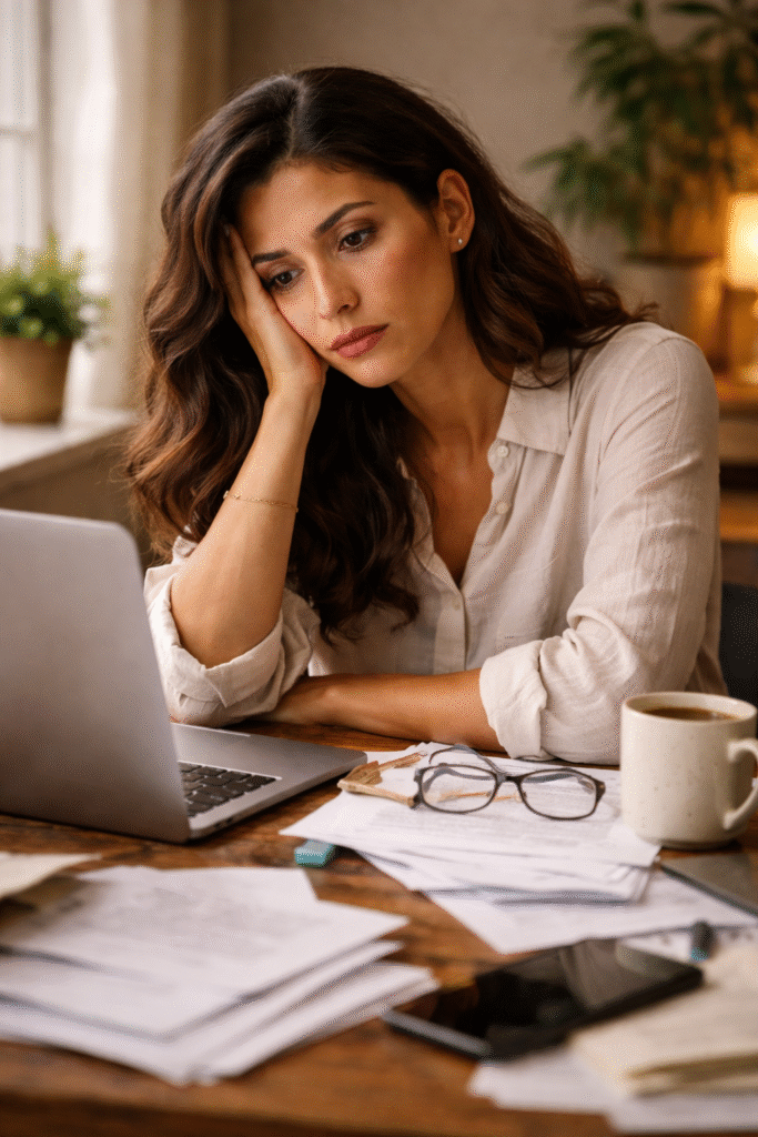 mulher com mãos nas têmporas e expressão de dor sentada em mesa de trabalho representando sintomas físicos da síndrome de burnout como dor de cabeça e tensão