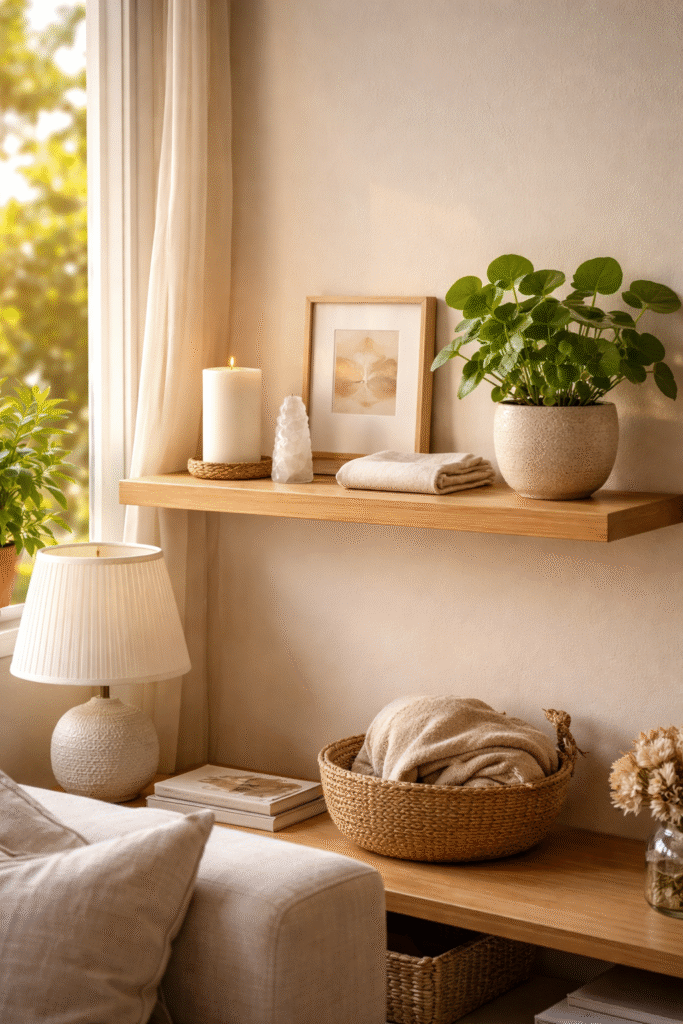 prateleira de madeira organizada com cristal selenita planta vela e arte representando organização intencional como base da harmonia energética e energia positiva em casa