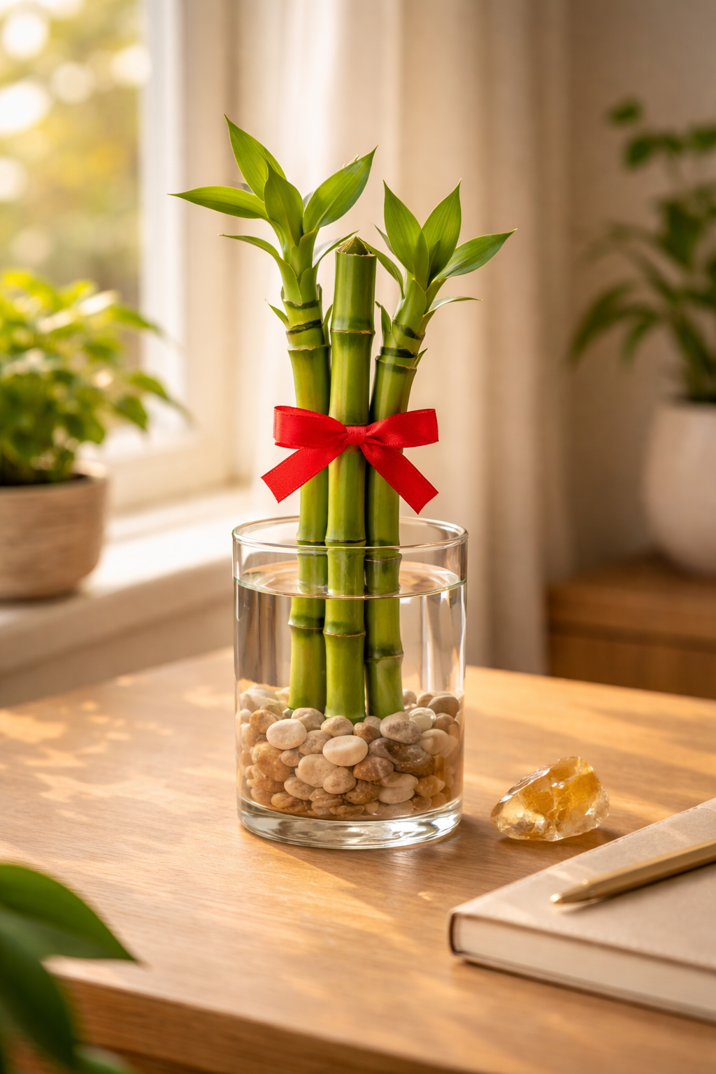 arranjo de bambu da sorte com três hastes em vaso de vidro com pedrinhas e fita vermelha sobre mesa de madeira com cristal citrino ao lado representando prosperidade e boa sorte em casa