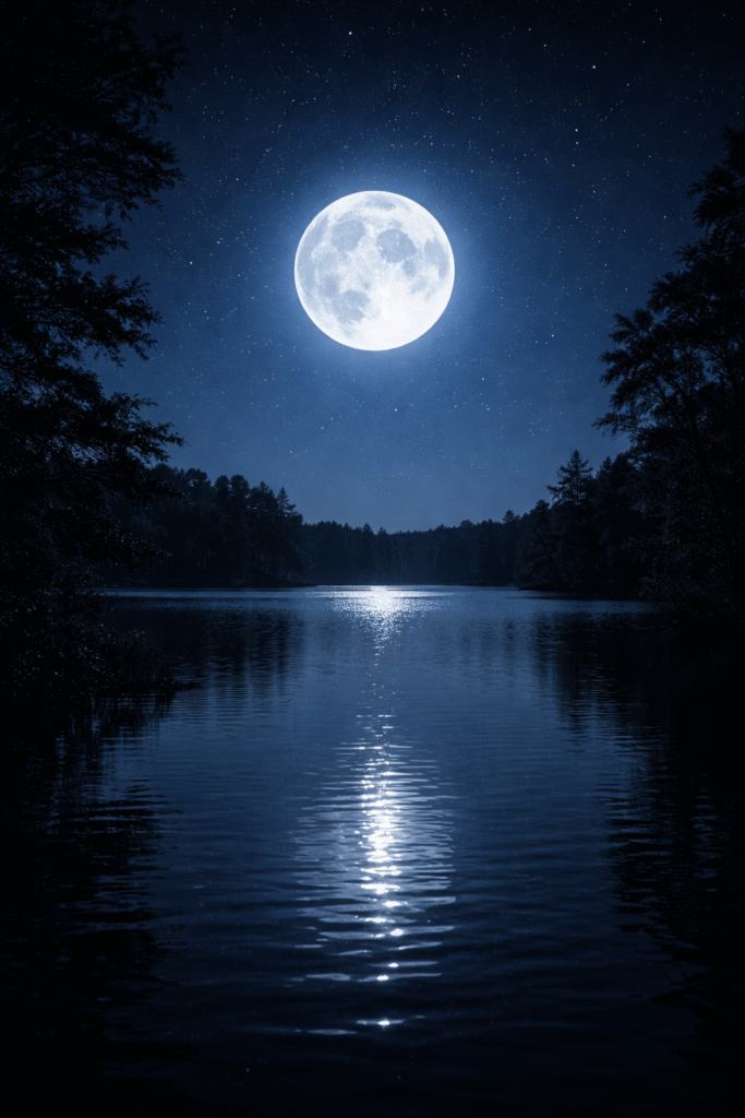 lua cheia brilhante e luminosa no céu noturno com reflexo na água representando a energia poderosa da lua cheia e sua influência nos rituais espirituais e no banho de lua cheia