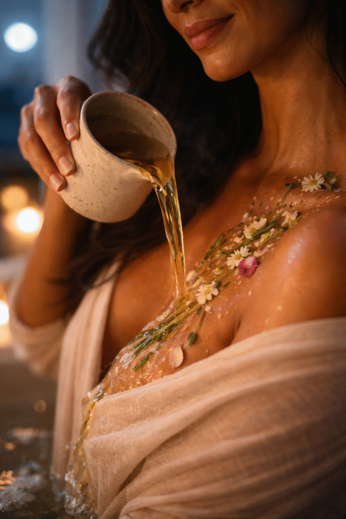 mãos femininas derramando infusão dourada de ervas sobre o ombro com pétalas de flores fluindo pela pele representando o momento sagrado do banho de lua cheia e a intenção do ritual