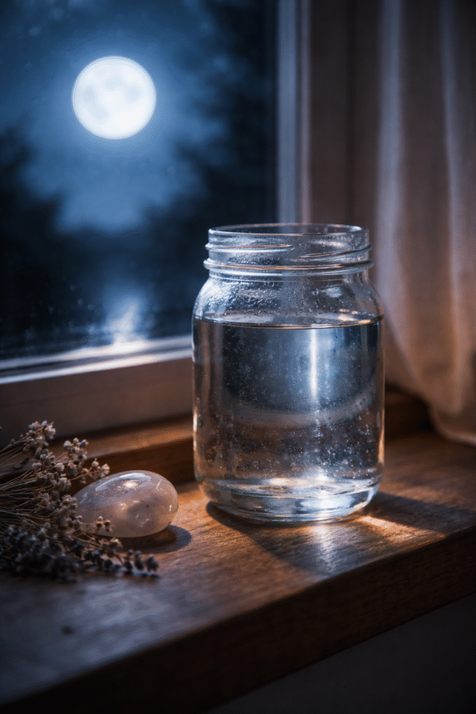 pote de vidro com água pura sobre peitoril de madeira banhado pela luz prateada da lua cheia com pedra da lua e flores secas ao lado representando preparo da água de lua cheia para ritual e banho