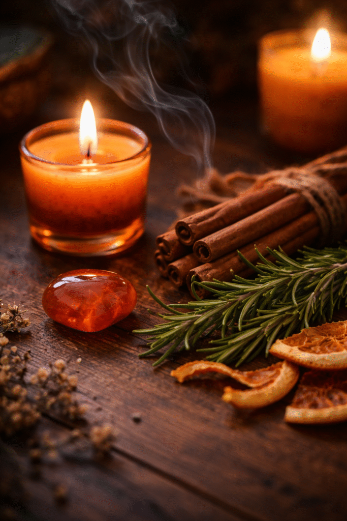 flat lay com galhos de canela alecrim fresco casca de laranja seca cristal cornalina e vela laranja acesa representando ingredientes do banho de lua para signos de fogo áries leão e sagitário