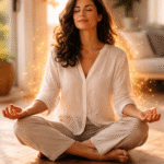 lei da atração funciona mesmo. mulher brasileira meditando com partículas de luz dourada ao redor representando a lei da atração e o poder da mente para atrair o que deseja