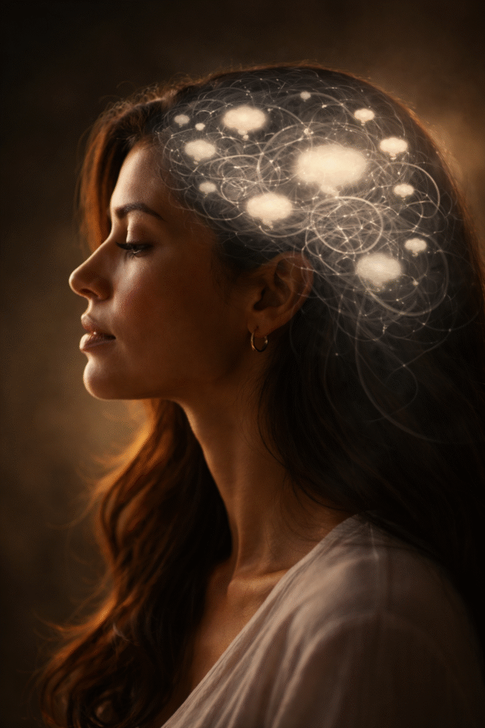 perfil de mulher brasileira com silhueta da cabeça transparente mostrando pensamentos em loop representando o overthinking como padrão mental de ruminação que gira em círculos sem chegar a lugar nenhum