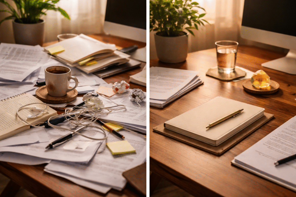 composição dividida mostrando mesa bagunçada com papéis espalhados à esquerda e mesma mesa organizada com planta caderno e cristal à direita representando como o ambiente desorganizado alimenta o overthinking e a organização acalma a mente