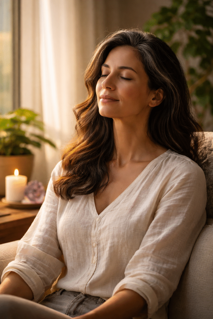 mulher brasileira em posição de meditação em cadeira confortável junto a janela com luz natural cristal ametista e vela branca ao fundo representando a prática regular de meditação como solução de longo prazo para o overthinking