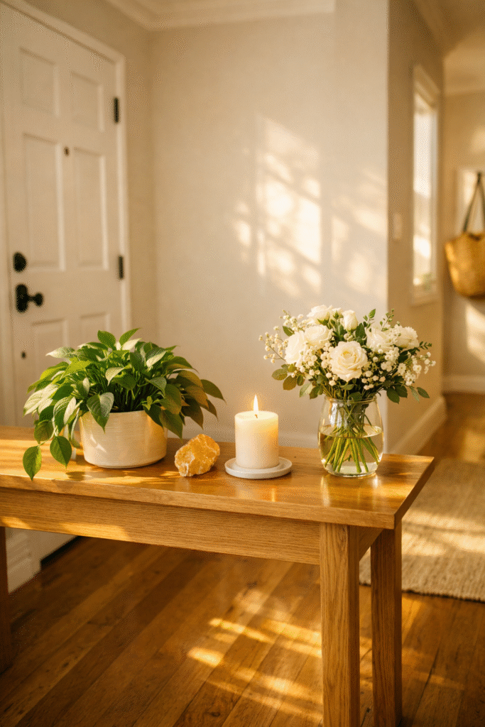 entrada de casa organizada com planta verde cristal citrino vela branca e flores frescas em mesa de madeira banhada por luz natural dourada representando como o ambiente da casa limpo e intencional atrai prosperidade e favorece o fluxo de dinheiro
