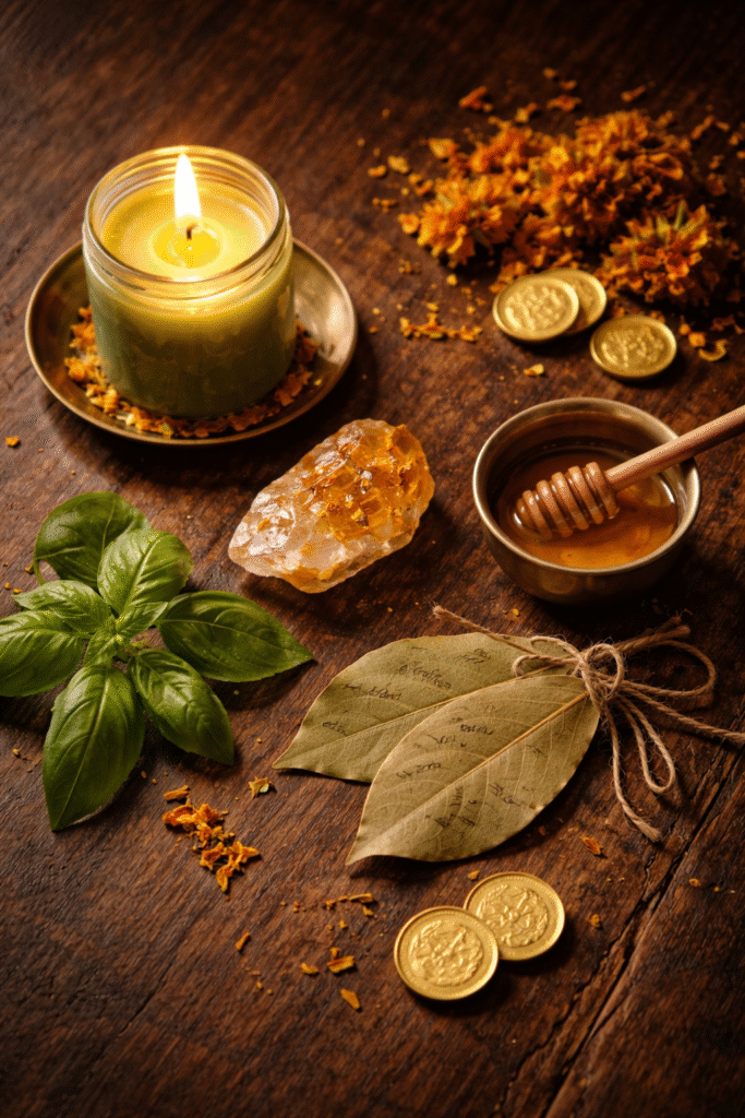 flat lay com vela verde acesa cristal citrino folhas de manjericão folhas de louro com intenções escritas pote de mel flores e moedas douradas representando rituais espirituais de prosperidade para alinhar o campo energético e atrair dinheiro com intenção