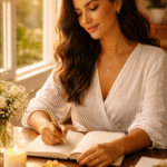 mulher brasileira escrevendo em diário aberto com cristal citrino e flores brancas sobre mesa de madeira com luz dourada da manhã representando o poder das frases com intenção como ferramenta de transformação da mente e da vida