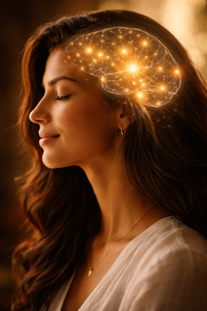 erfil de mulher brasileira com silhueta da cabeça mostrando conexões neurais douradas se formando representando a neuroplasticidade e como frases com intenção repetidas com emoção literalmente reescrevem os circuitos do cérebro