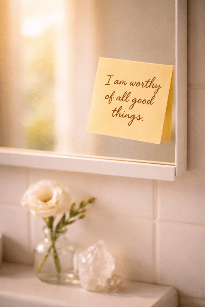 post-it com frase de intenção escrita à mão colado no canto do espelho do banheiro com flor branca e quartzo transparente ao fundo representando como levar frases com intenção para o ambiente da casa para reforçar a transformação interna no cotidiano