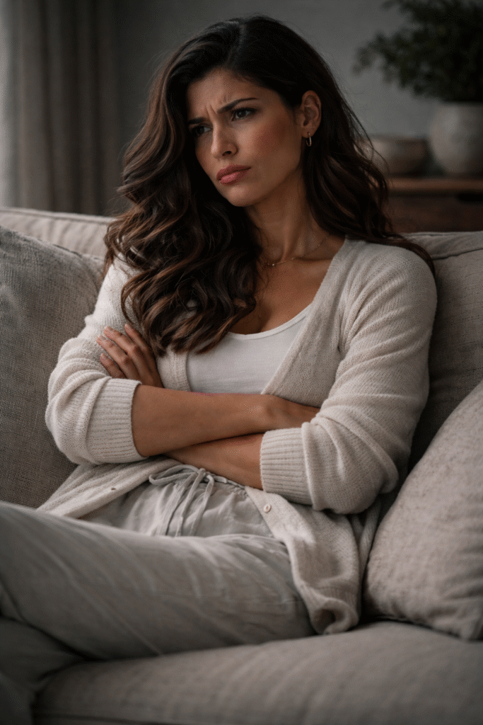 mulher brasileira sentada no sofá com braços cruzados postura fechada e expressão de descontentamento representando o hábito de reclamação constante como bloqueador energético e mental da prosperidade que mantém a mente focada na escassez