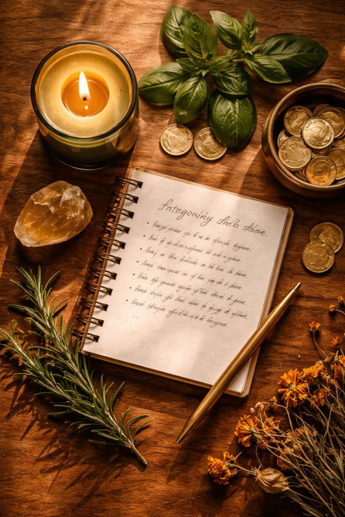 flat lay com vela verde acesa cristal citrino folhas de manjericão caderno com intenções escritas moedas douradas flores e alecrim com luz dourada de vela representando rituais espirituais de prosperidade para alinhar o campo energético e eliminar bloqueios de riqueza