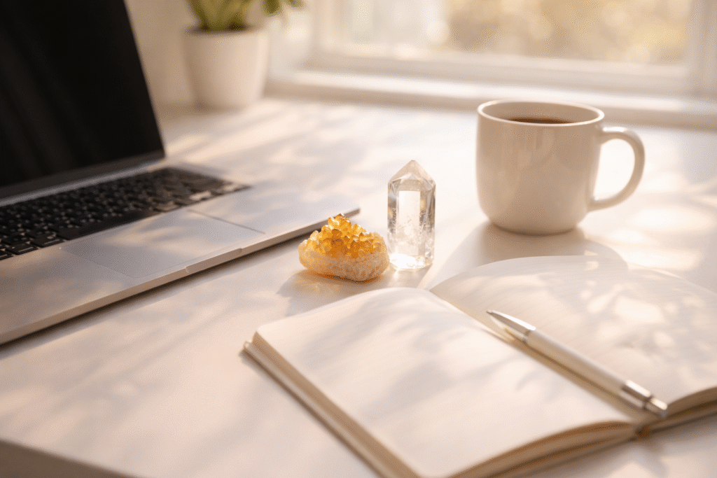 mesa de home office com citrino e quartzo transparente ao lado do notebook com luz natural da manhã