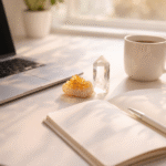 mesa de home office com citrino e quartzo transparente ao lado do notebook com luz natural da manhã