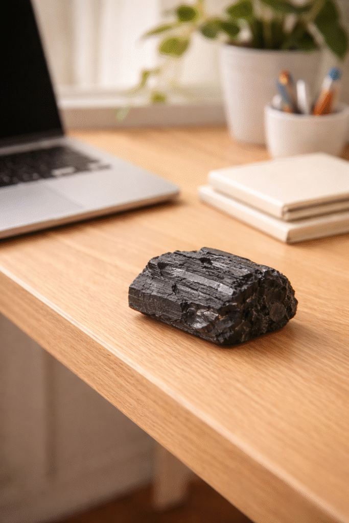 turmalina negra bruta no canto da mesa de home office para proteção energética durante o trabalho