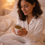 mulher brasileira de pijama branco sentada na cama com chá quente nas mãos durante rotina noturna que prepara o corpo e a mente