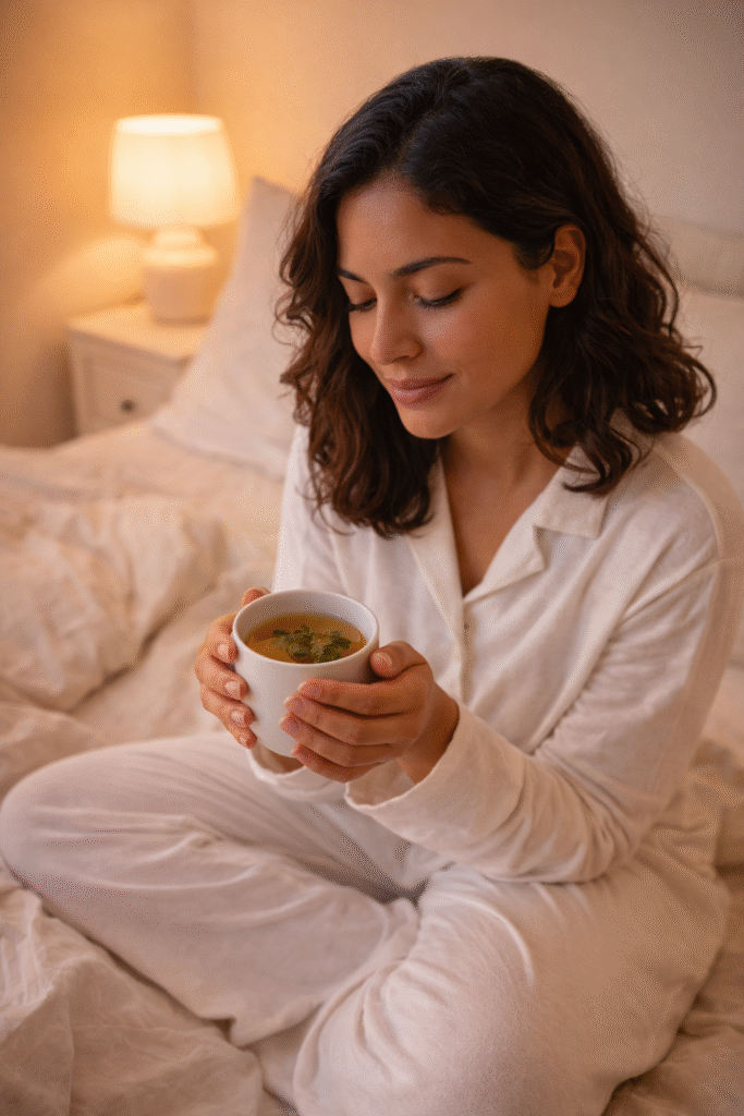 mulher brasileira de pijama branco sentada na cama com chá quente nas mãos durante rotina noturna que prepara o corpo e a mente