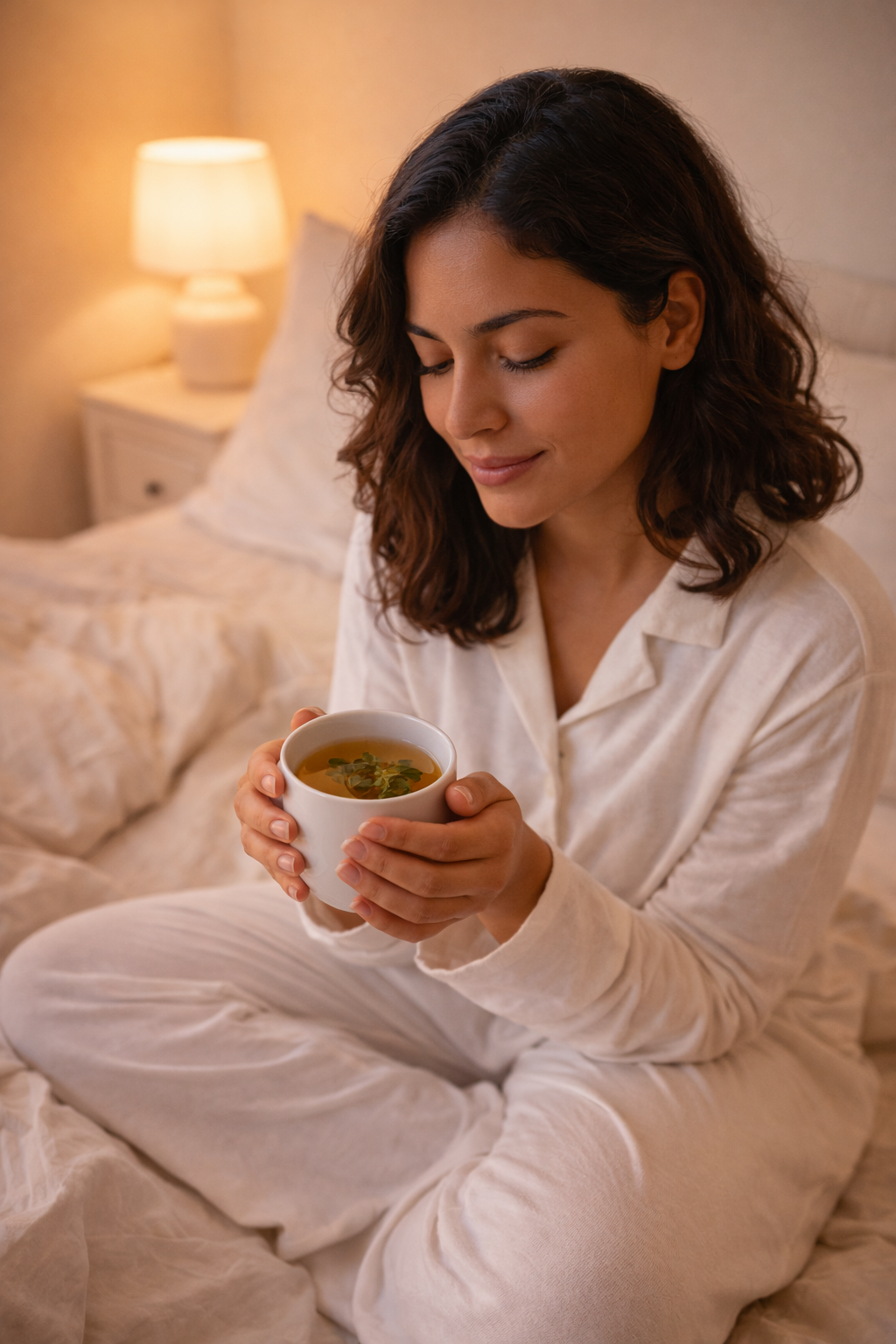 mulher brasileira de pijama branco sentada na cama com chá quente nas mãos durante rotina noturna que prepara o corpo e a mente