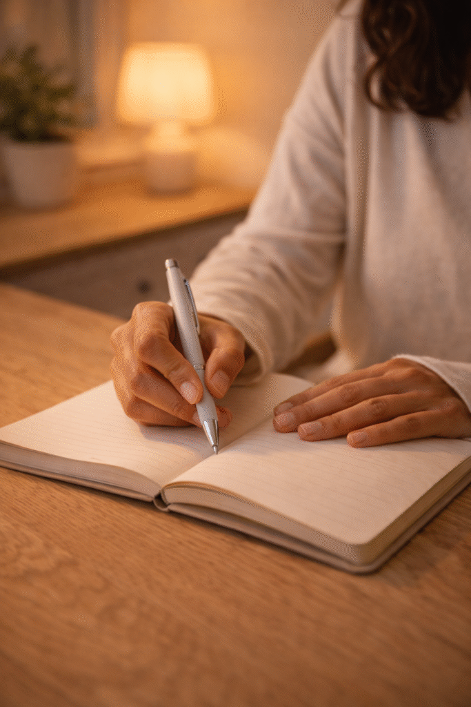 mãos femininas anotando pendências e prioridades no caderno à noite como parte da rotina noturna que prepara o corpo e a mente