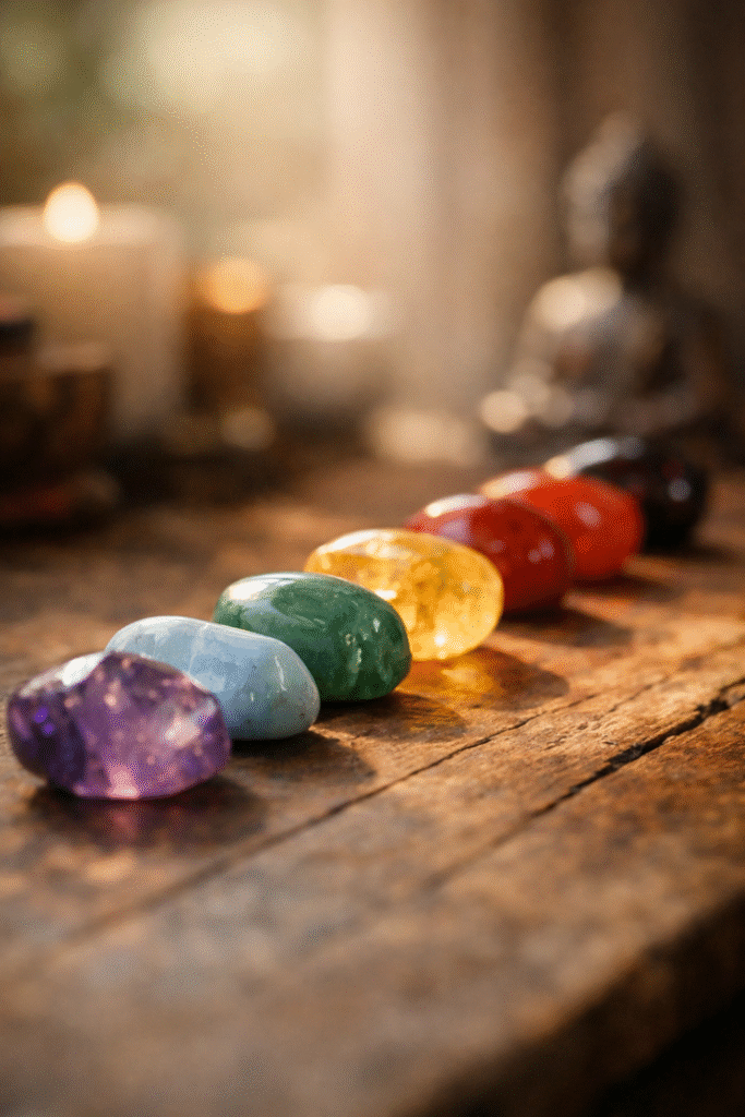 Cristais coloridos organizados representando os sete chakras e o alinhamento energético do corpo.